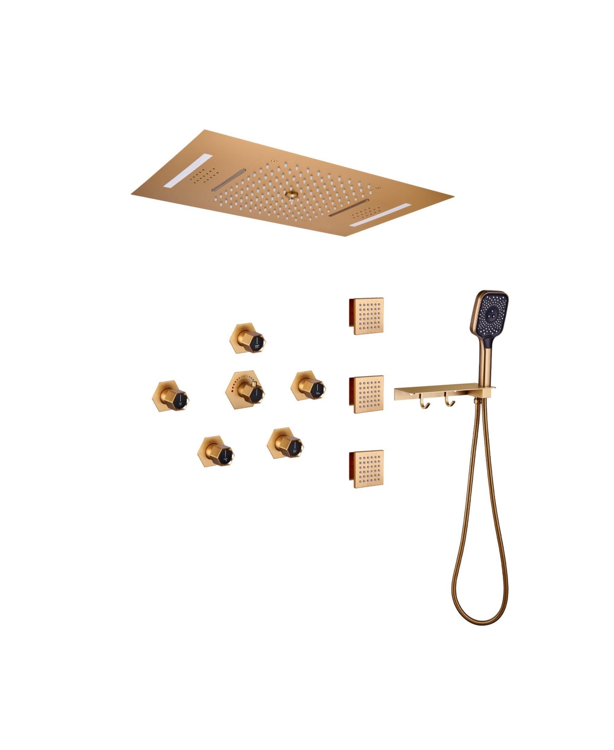 Luxury Led Shower System with Side Body Jets and Handheld Shower Head Shower Faucet Set with Shelf and Hook, Brushed Nickel - Brushed gold