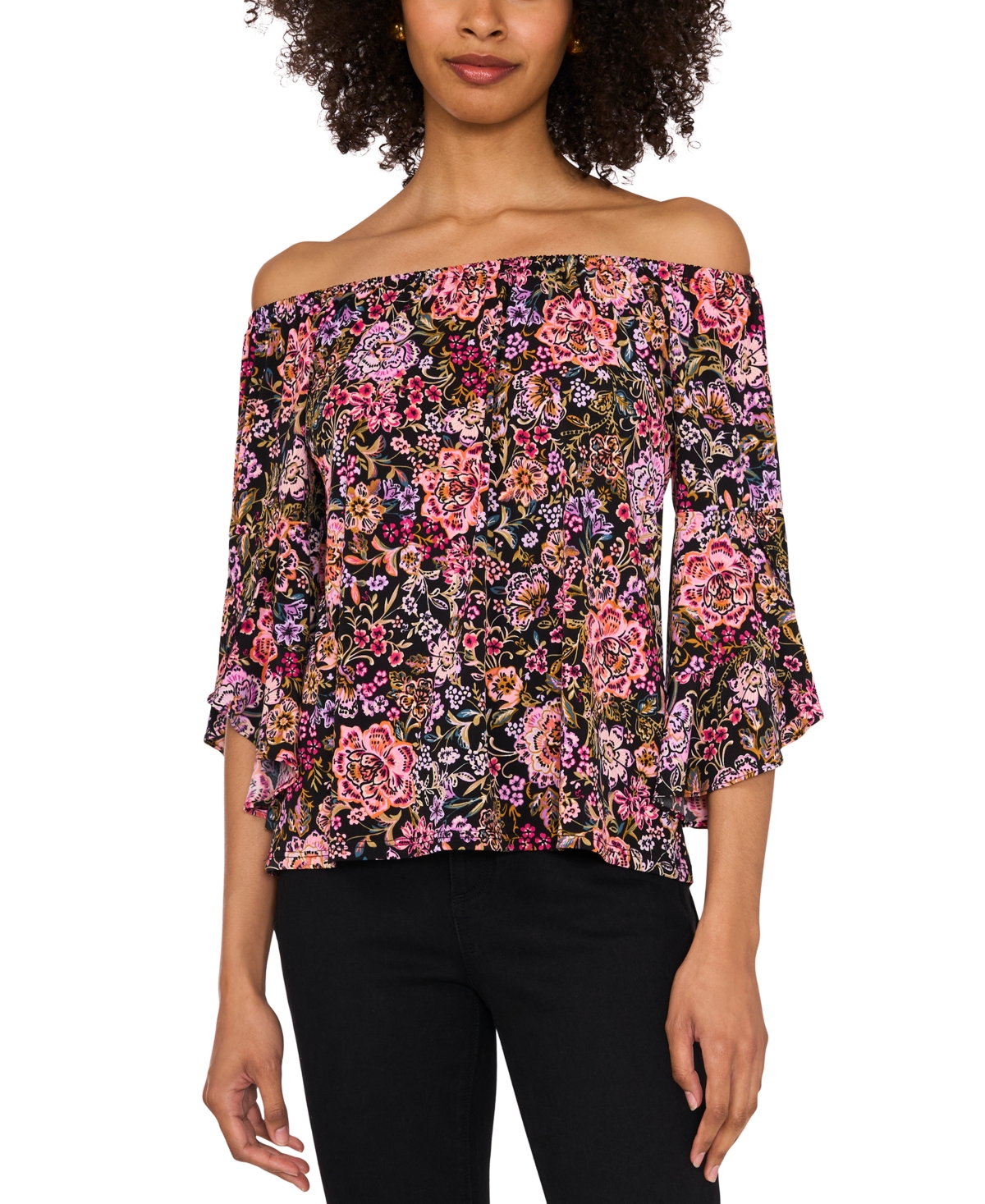 SAM & JESS PETITE OFF-THE-SHOULDER FLORAL-PRINT BELL-SLEEVE TOP 