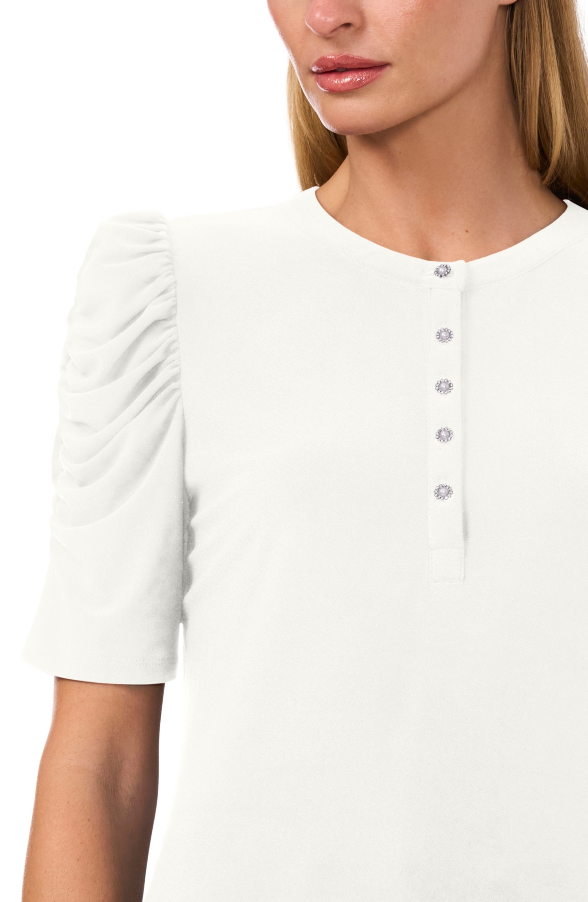Cece Women's Shirred-sleeve Embellished-button Top In New Ivory