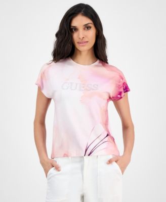 GUESS - Women's Flutter-Sleeve Embellished Logo T-Shirt