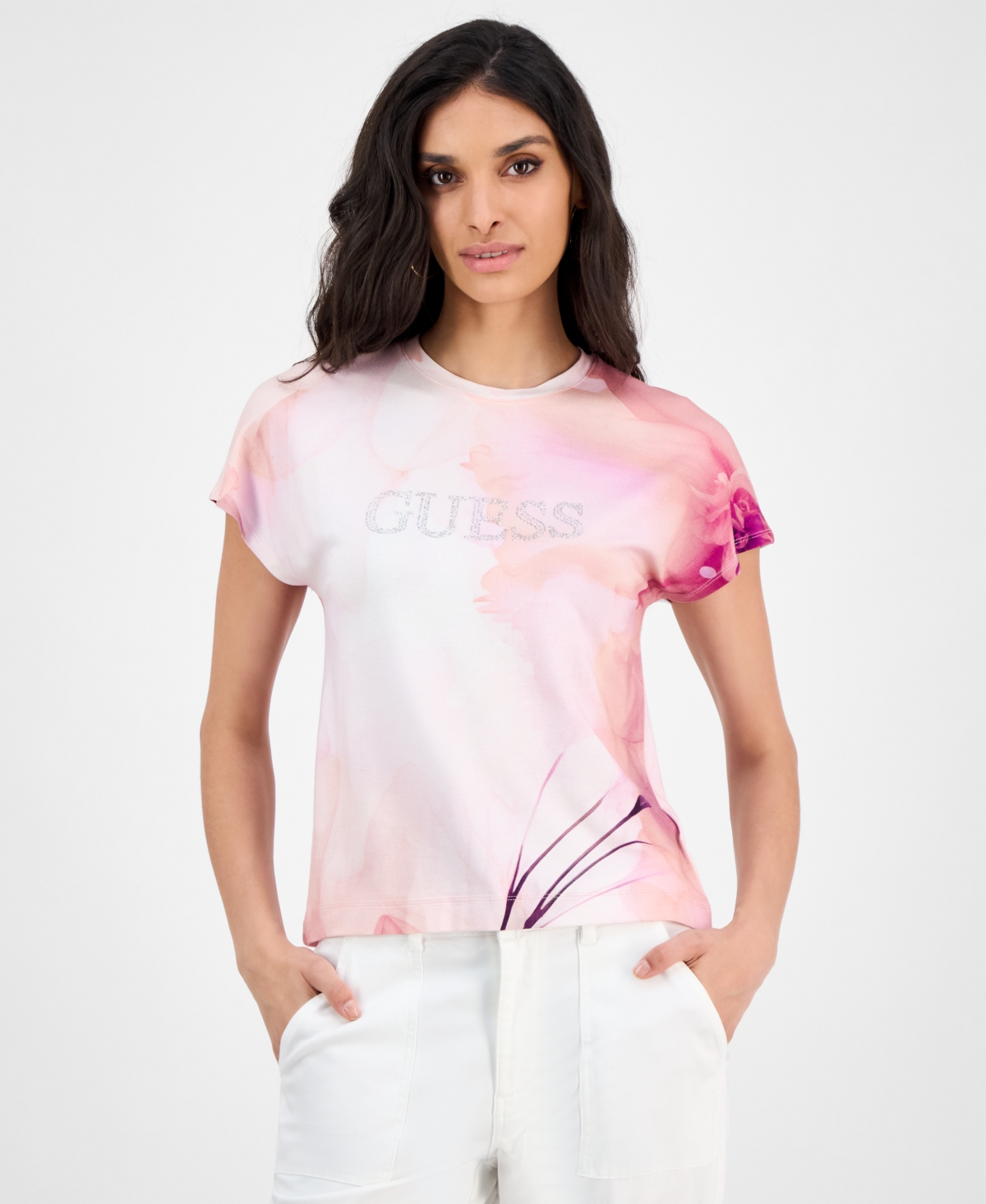 GUESS WOMEN'S FLUTTER-SLEEVE EMBELLISHED LOGO T-SHIRT 