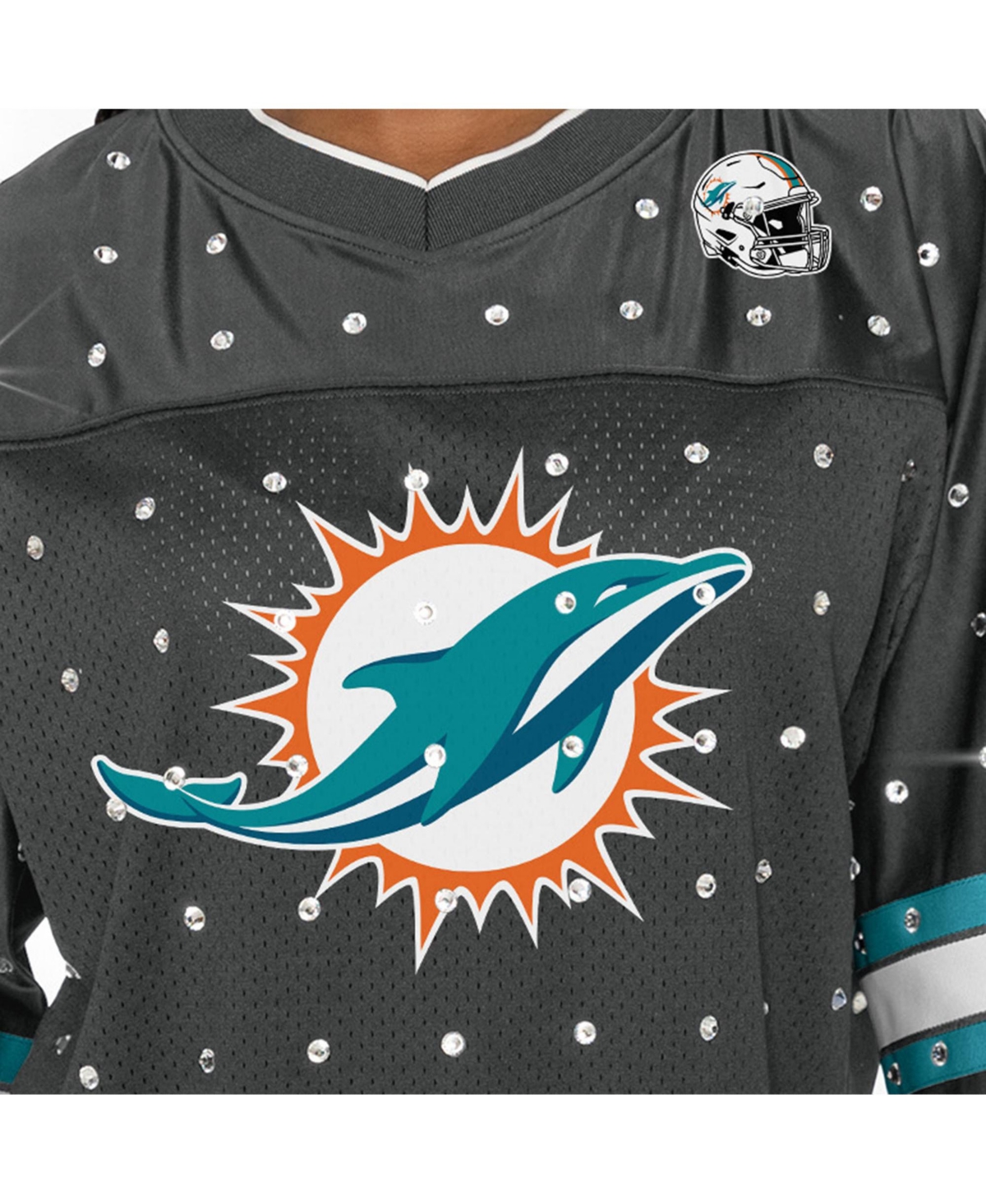 Gameday Couture Women's Anthracite Miami Dolphins Kickoff Time Allover Rhinestone Sports Stripe Jersey V-neck T-shir In Anthracite