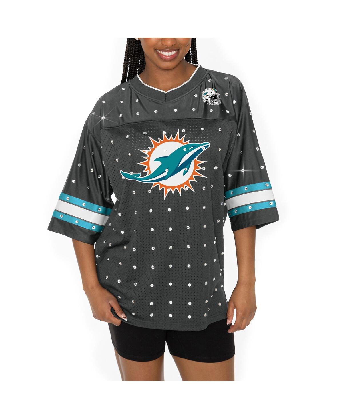 Gameday Couture Women's Anthracite Miami Dolphins Kickoff Time Allover Rhinestone Sports Stripe Jersey V-neck T-shir In Anthracite