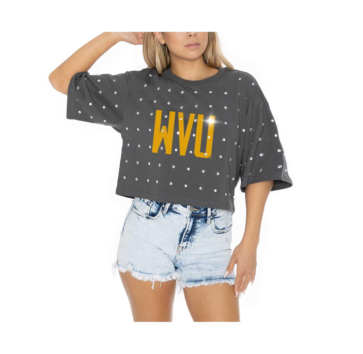 Women's Gray West Virginia Mountaineers Go Time Rhinestone Crop T-Shirt