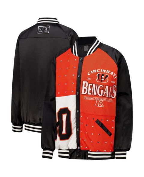 Женские куртки Gameday Couture Women's Black/Orange Cincinnati Bengals Oversized Hot Shot Rhinestone Throwback Full-Snap Varsity Bomber Jacket
