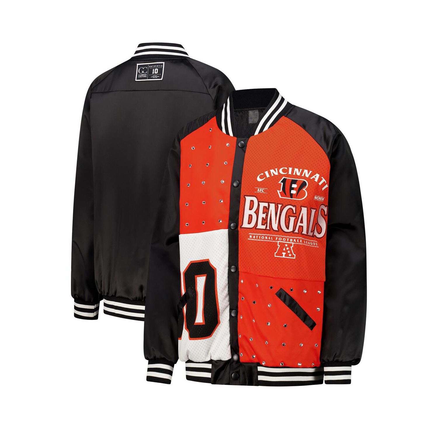 Women's Black/Orange Cincinnati Bengals Oversized Hot Shot Rhinestone Throwback Full-Snap Varsity Bomber Jacket