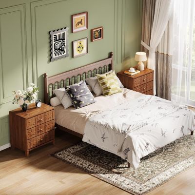 Nightstand with 3 Drawers Set of 2, Farmhouse Bedside Table with Elegant Patterns, Brown