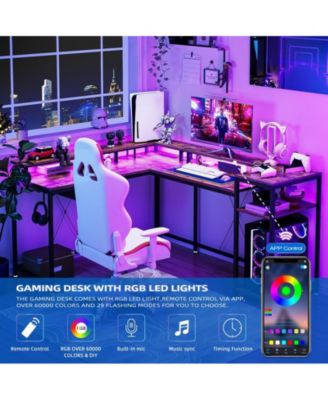 L Shaped Desk with Drawers and Led Lights, 55 Inch Computer Desk with Shelves & Monitor Stand, L Shaped Computer Desk with USB Charging Port and Power Outlets, Home Office Desk Corner Desk