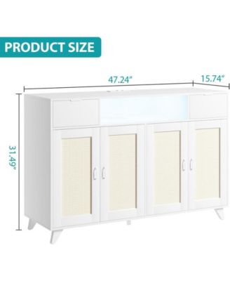 Sideboard Buffet Cabinet, 47" Accent Storage Cabinet with 4 Rattan Doors & 2 Drawers Console Table Coffee Bar w/Power Outlet & LED Light Adjustable Shelves for Dining Living Room, Hallway