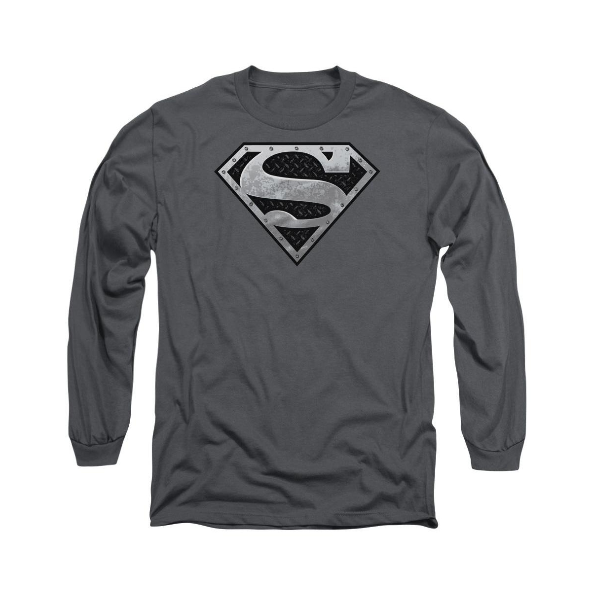 Superman Men's Super Metallic Shield Long Sleeve Adult Tee / T-Shirt - Charcoal