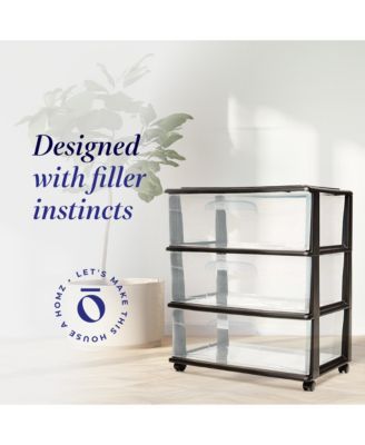 Tall Solid Plastic 3 Drawer Medium Storage Cart with Wheels, Black (2 Pack)