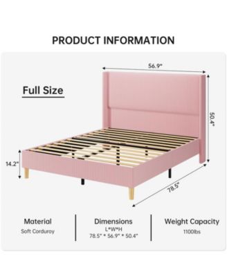 Full Size Bed Frame, Upholstered Platform Corduroy Bed Frame with Vertical Channel Tufted Wingback Headboard, Strong Wooden Slats, No Box Spring Needed, Easy Assembly