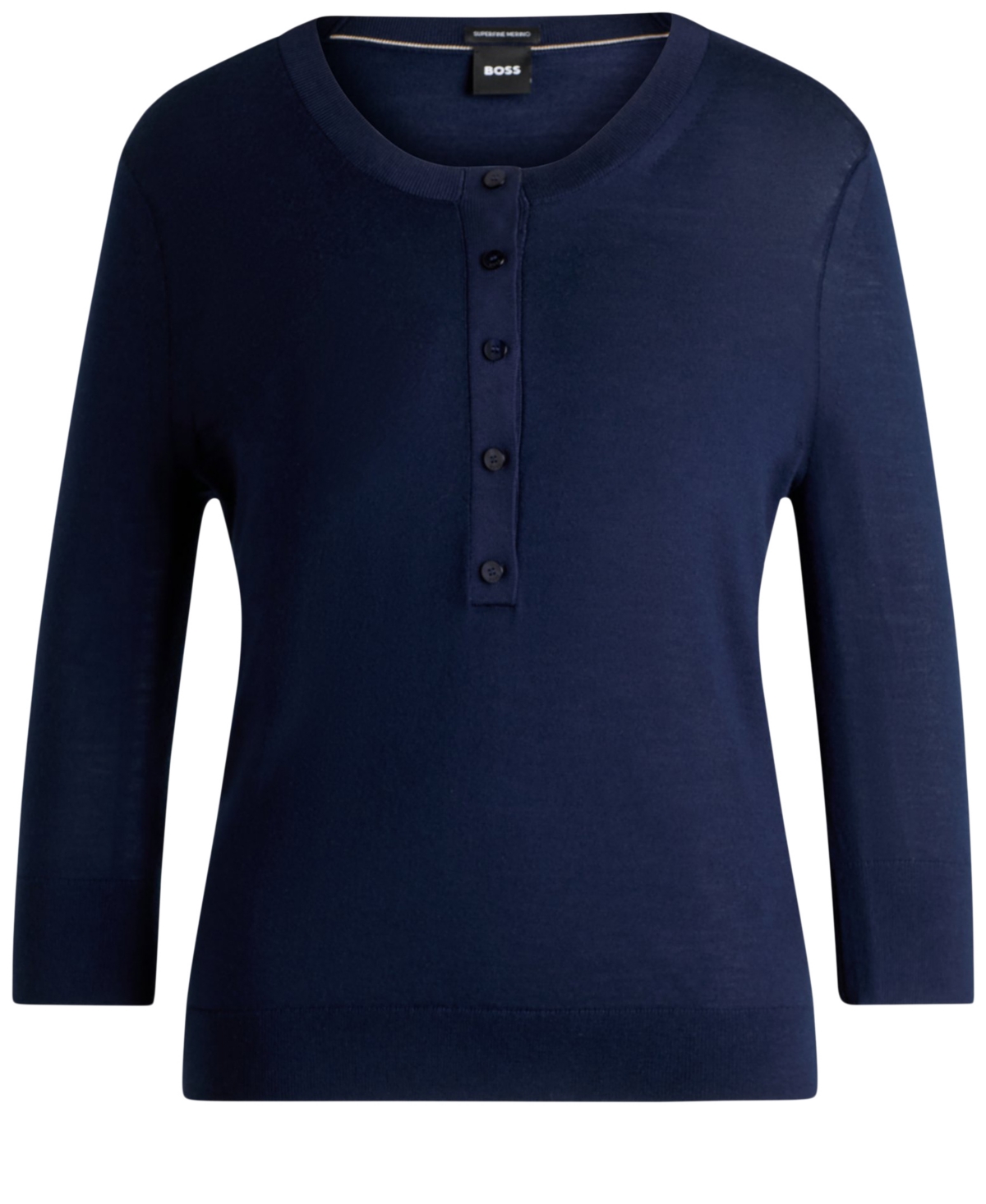 Hugo Boss Henley-neck Sweater In Merino Wool In Dark Blue