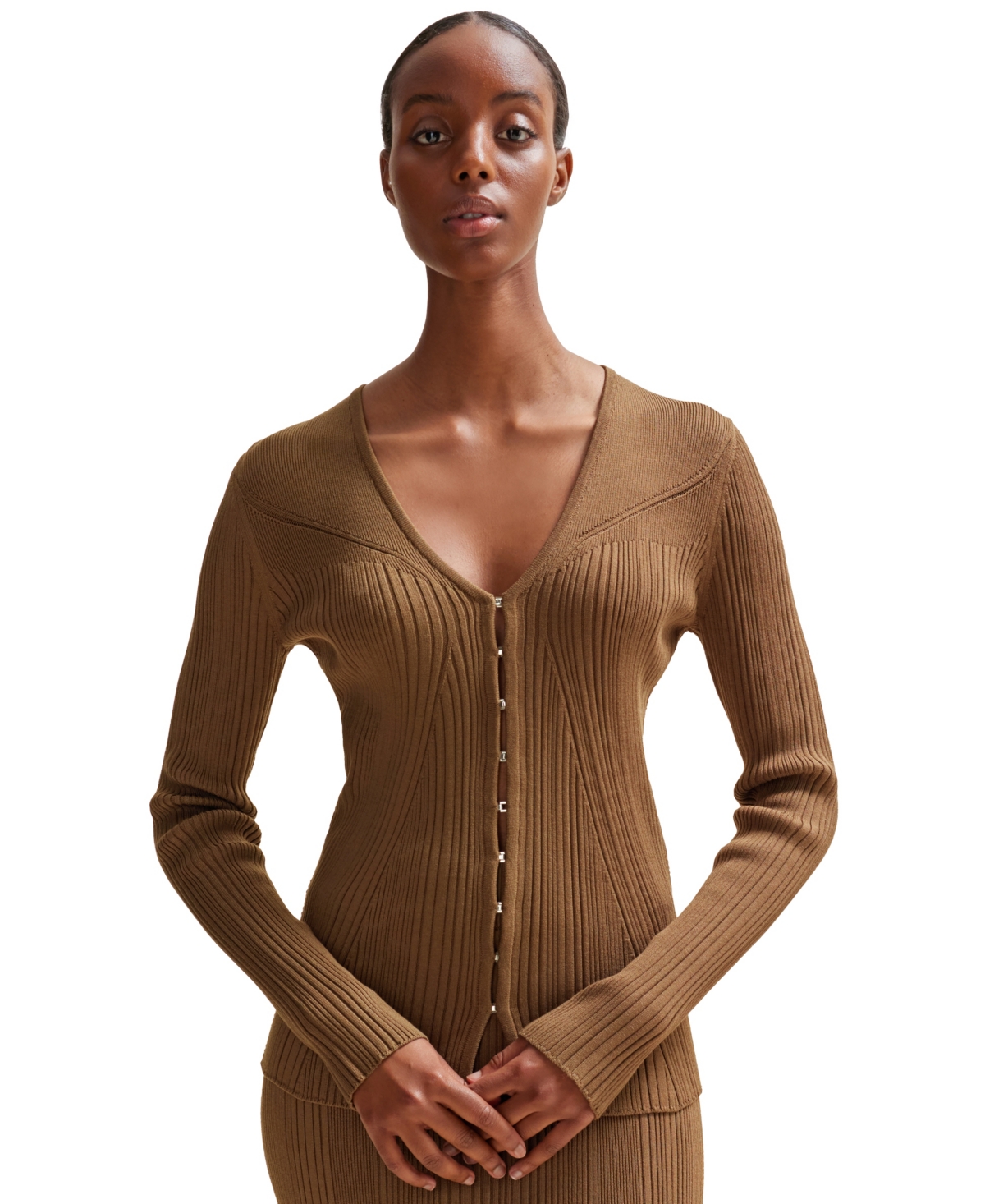 Hugo Boss Ribbed Cardigan In Stretch Fabric With Hook Closures In Open Brown