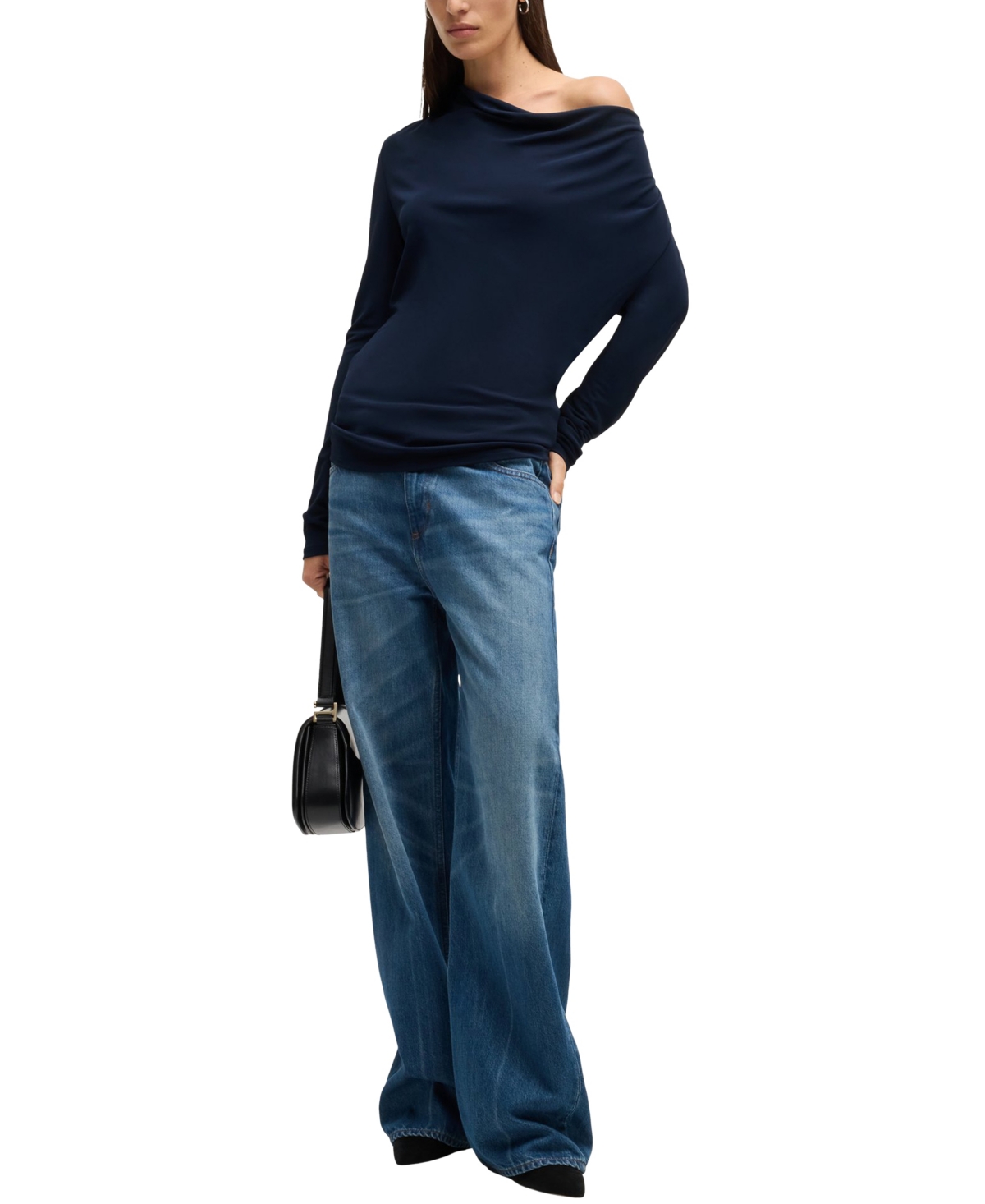 Hugo Boss Boss Eseyana Drape Neck Knit Top In Dark Blue
