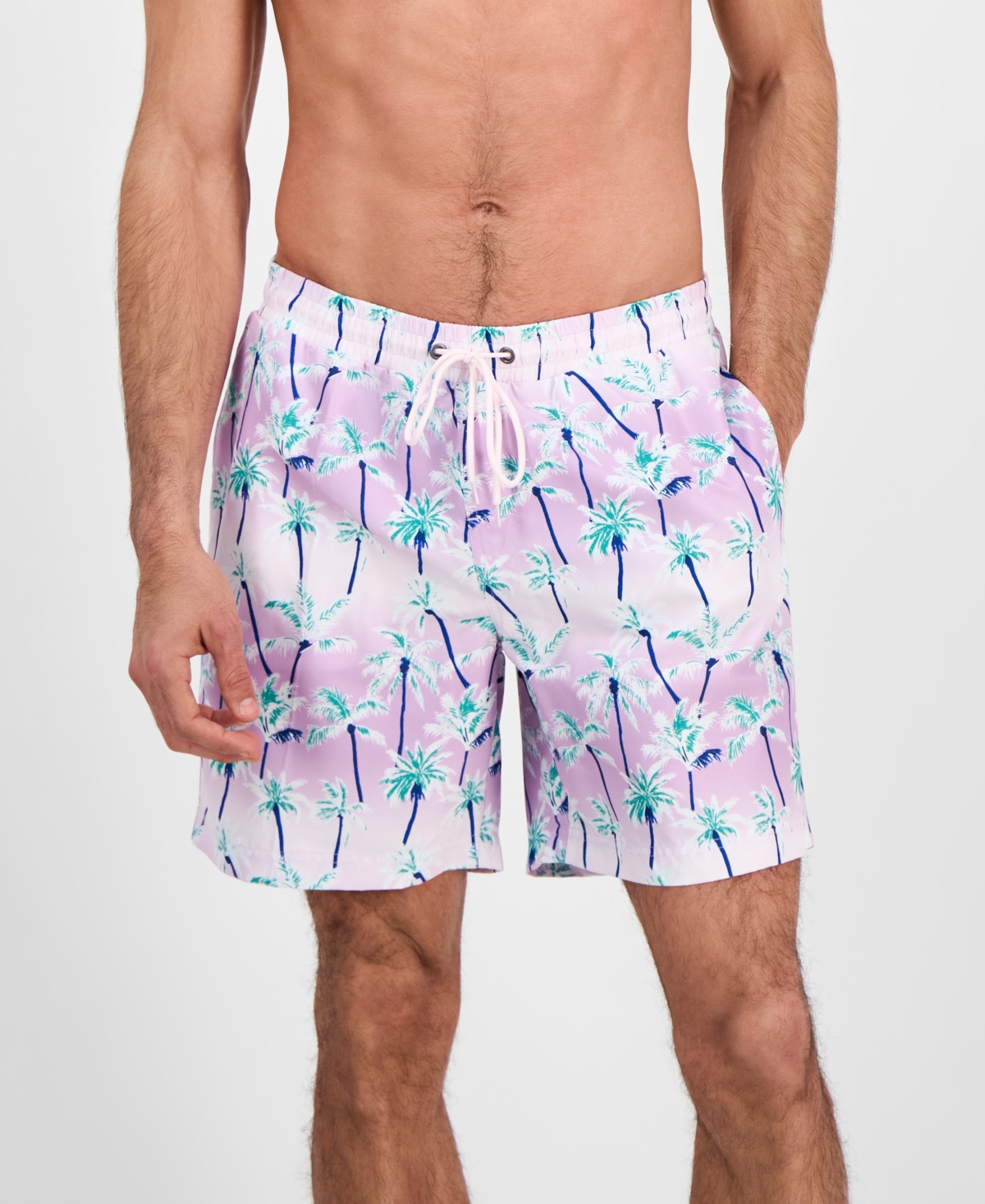 Club Room Men's Aqua Palm Tree Drawstring 7" Swim Trunks, Exclusively At Macy's In Gold