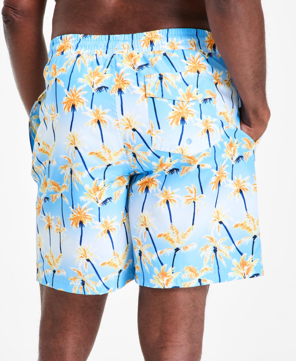 Club Room Men's Aqua Palm Tree Drawstring 7" Swim Trunks, Exclusively At Macy's In True Light Blue