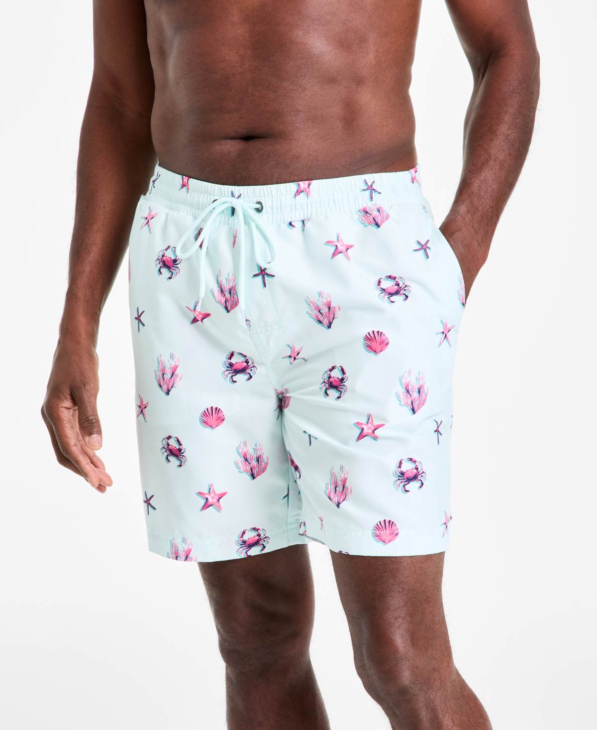 Men's Happy Crab Drawstring 7" Swim Trunks, Exclusively at Macy's - Cupid Blush