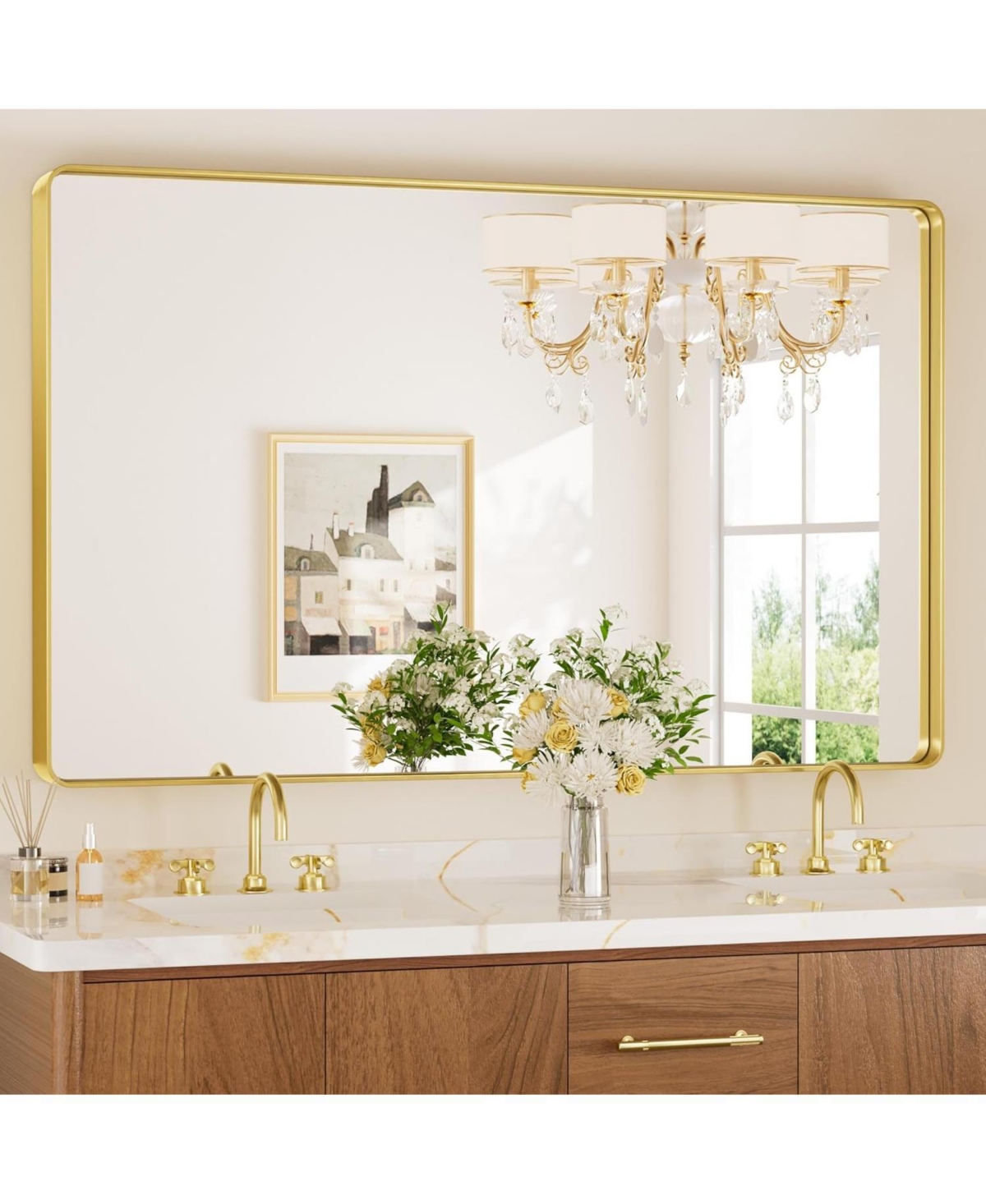 48x30 Inch Brushed Gold Bathroom Vanity Mirror Tempered Glass Metal Framed - White
