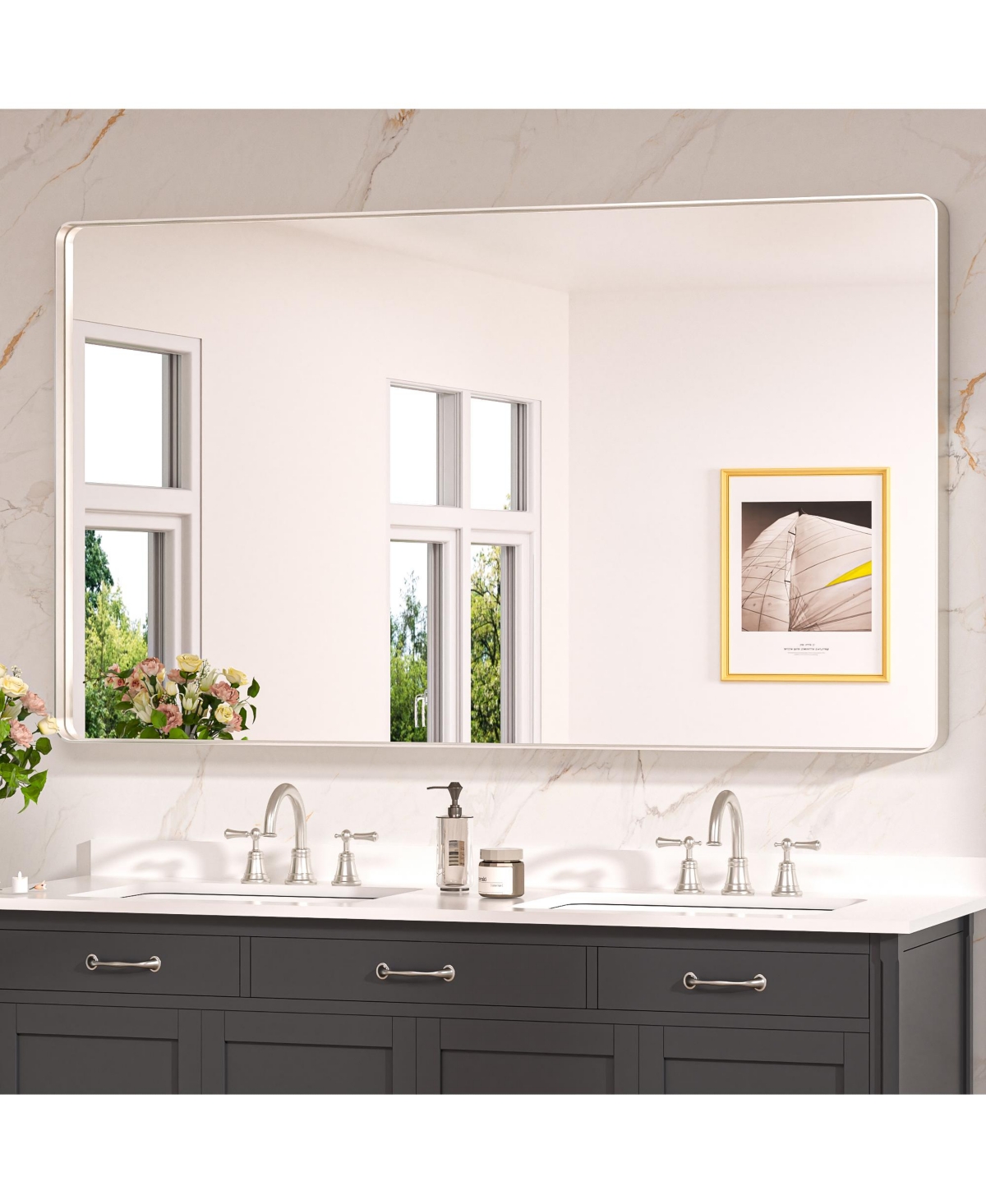 60x36 Inch Brushed Gold Bathroom Vanity Mirror Tempered Glass Metal Framed - Brushed nickel