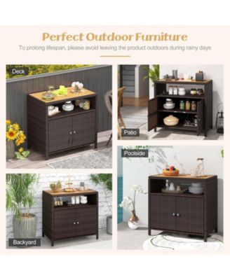 Rattan Storage Cabinet with Acacia Wood Countertop for Poolside Deck and Patio