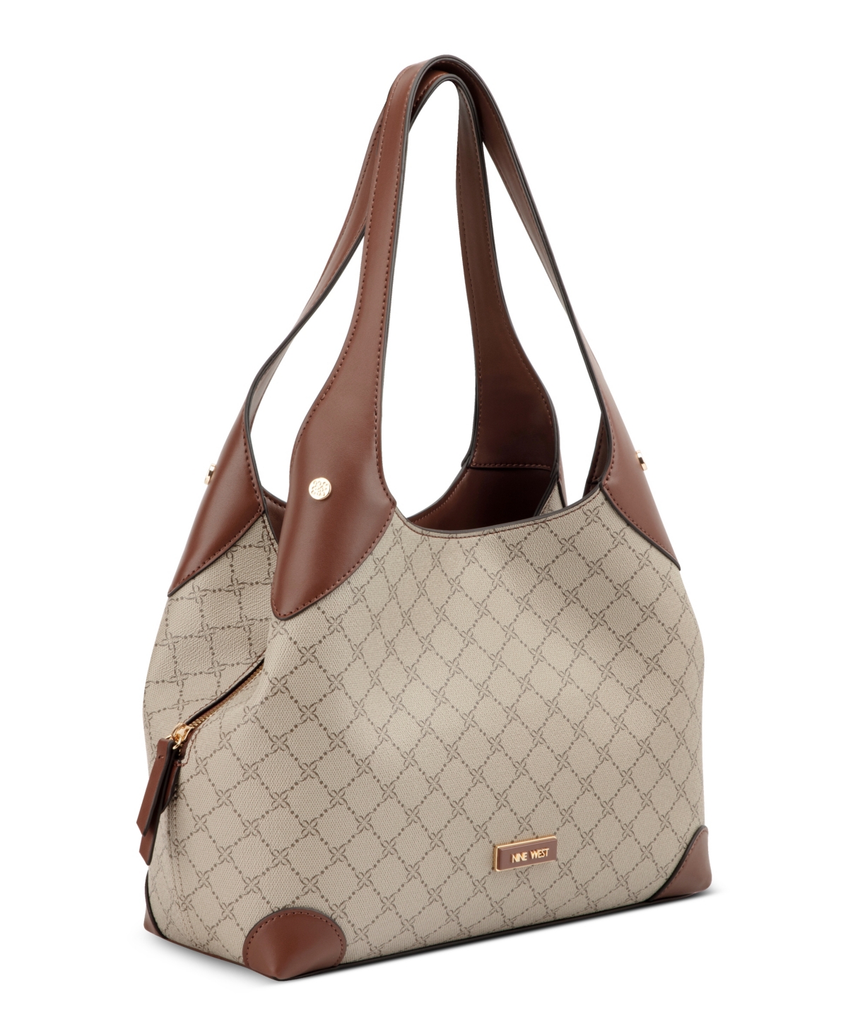 Shop Nine West Eamon Large Shoulder Bag In Beige Logo Mahogany