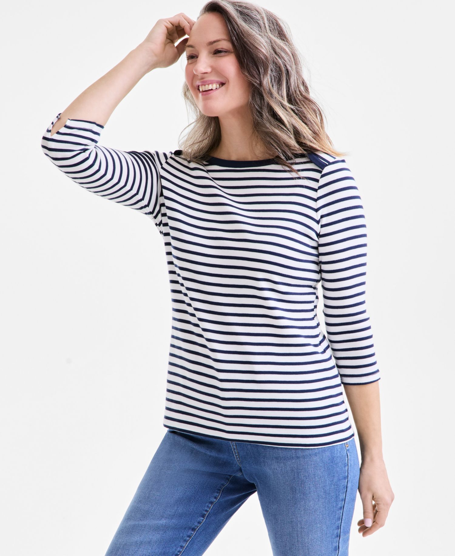 Petite Pima Cotton Striped Boat-Neck 3/4-Sleeve Top