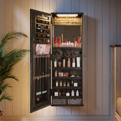 Farmhouse Jewelry Cabinet with Lockable Mirror & 10 LED Lights