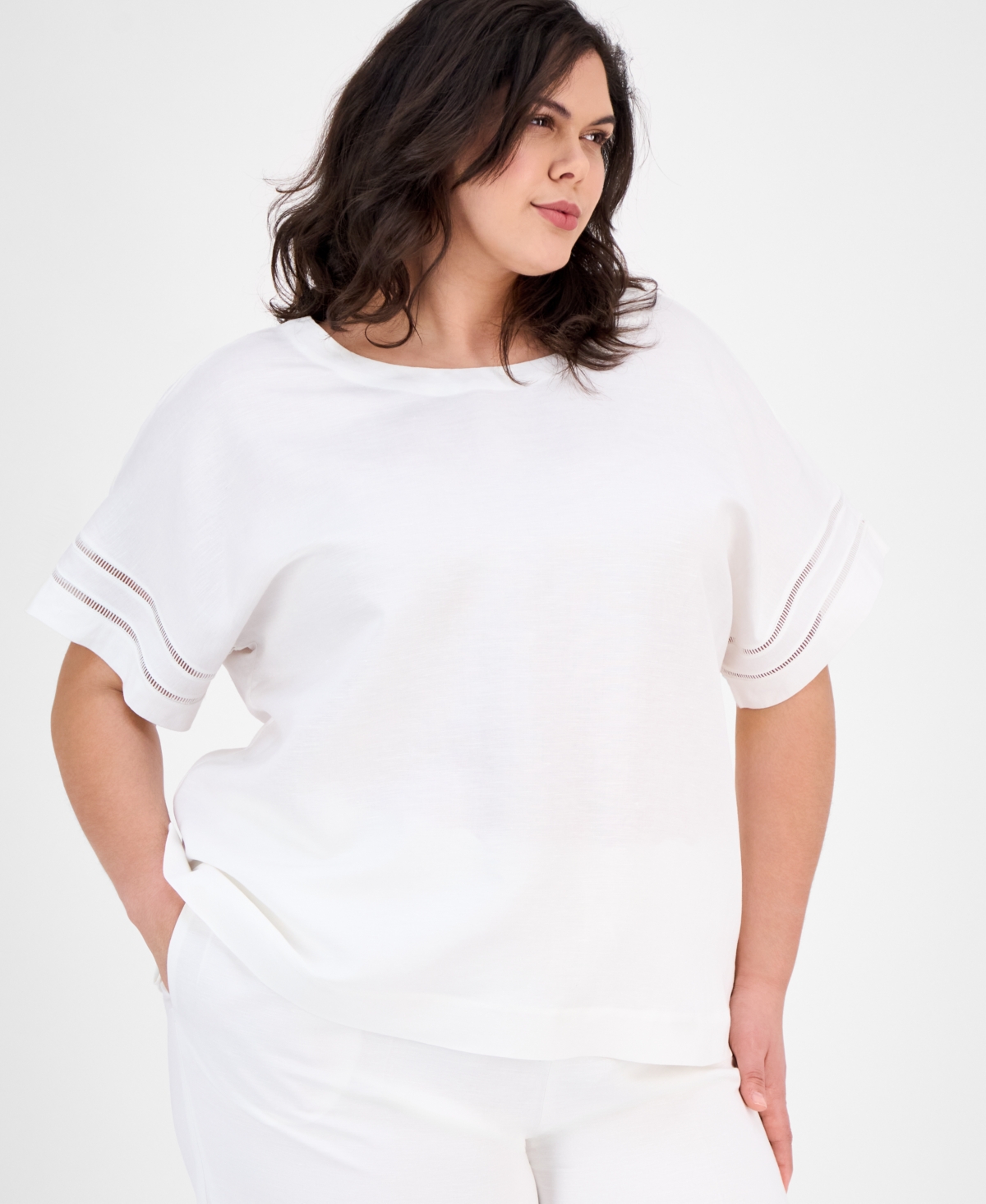 Anne Klein Plus Size Button-back Short-sleeve Blouse In Bright White