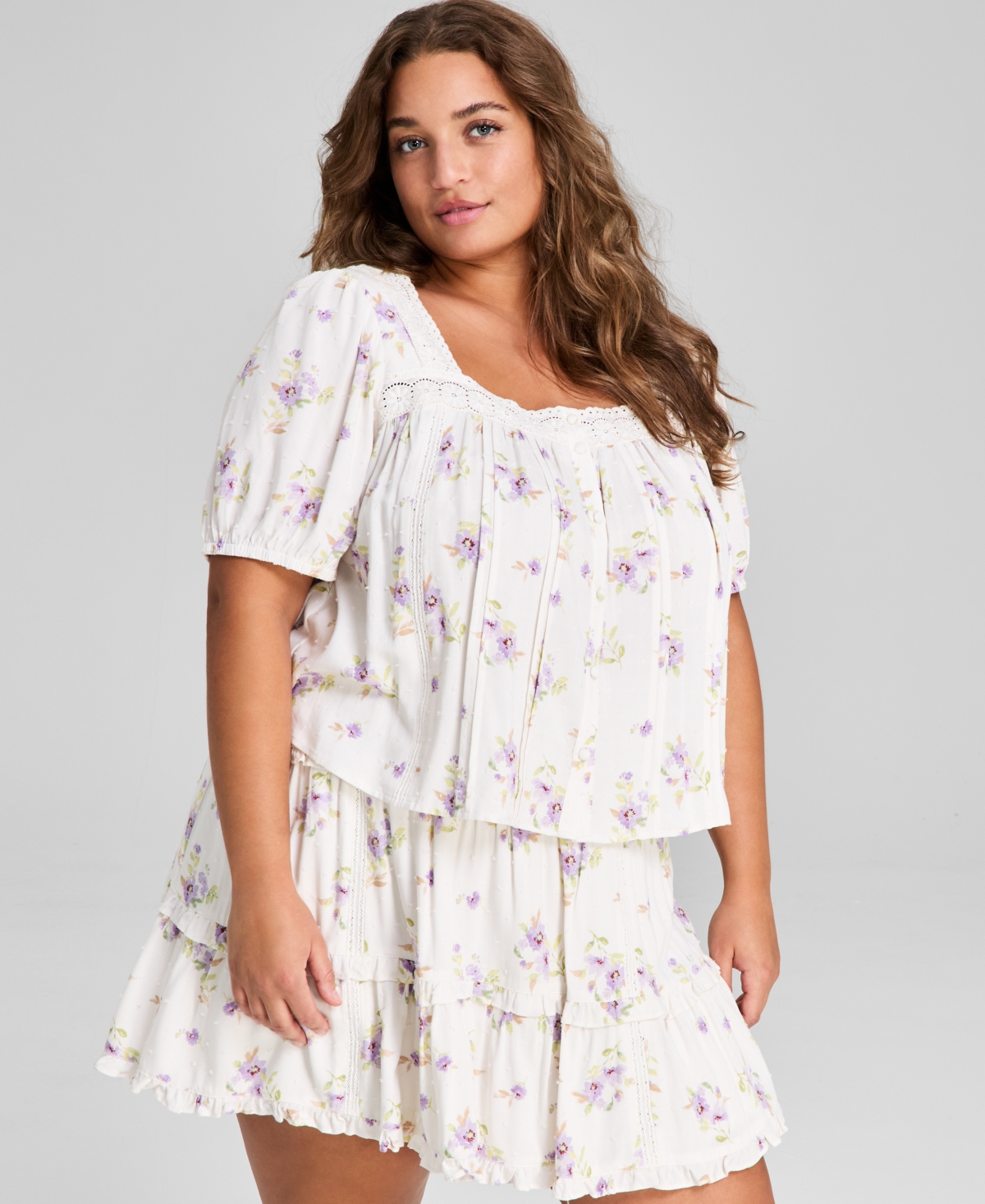 Plus Size Floral-Print Lace-Trim Blouse - Cream/purple Floral