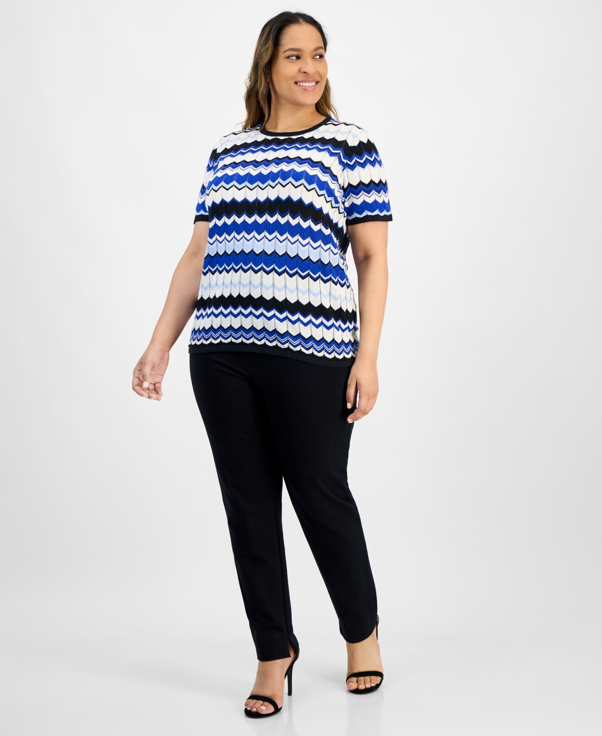 ANNE KLEIN PLUS SIZE CHEVRON-KNIT SHORT-SLEEVE SWEATER 