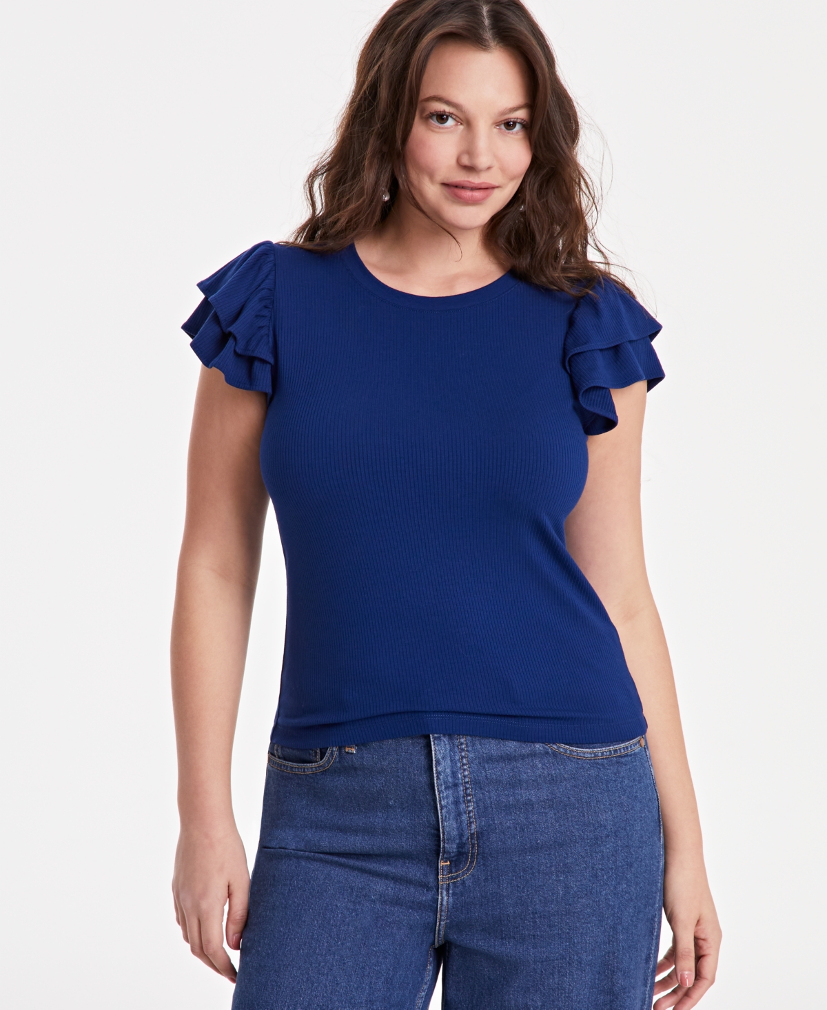 On 34th Women's Flutter-sleeve Ribbed Top, Created For Macy's In Blazing Navy