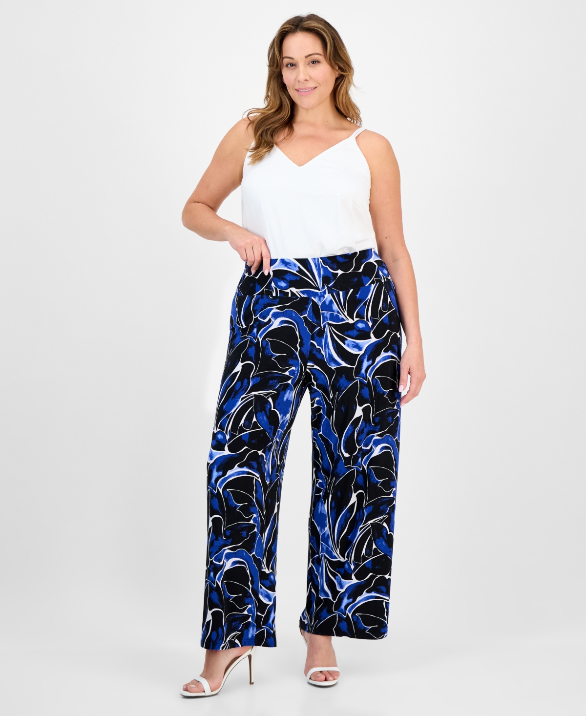 Anne Klein Plus Size High-rise Pull-on Palazzo Pants In Santorini Blue Multi