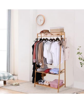 Bamboo Clothes Rail Stand Garment Storage Rack with Shoe Shelf for Bedroom and Living Room