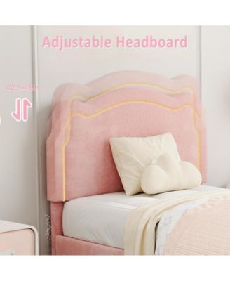 Twin Upholstered Smart LED Bed Frame with Adjustable Bear Headboard, Storage Drawer, Velvet Princess Platform Bed Frame for Kids/Girls, Wooden Slats Support, No Box Spring Needed