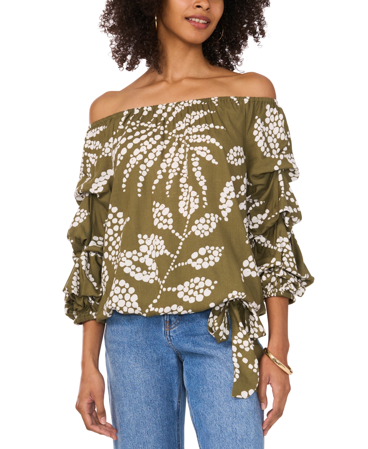VINCE CAMUTO WOMEN'S TROPICAL-PRINT OFF-THE-SHOULDER BUBBLE 3/4-SLEEVE TIE-FRONT BLOUSE 