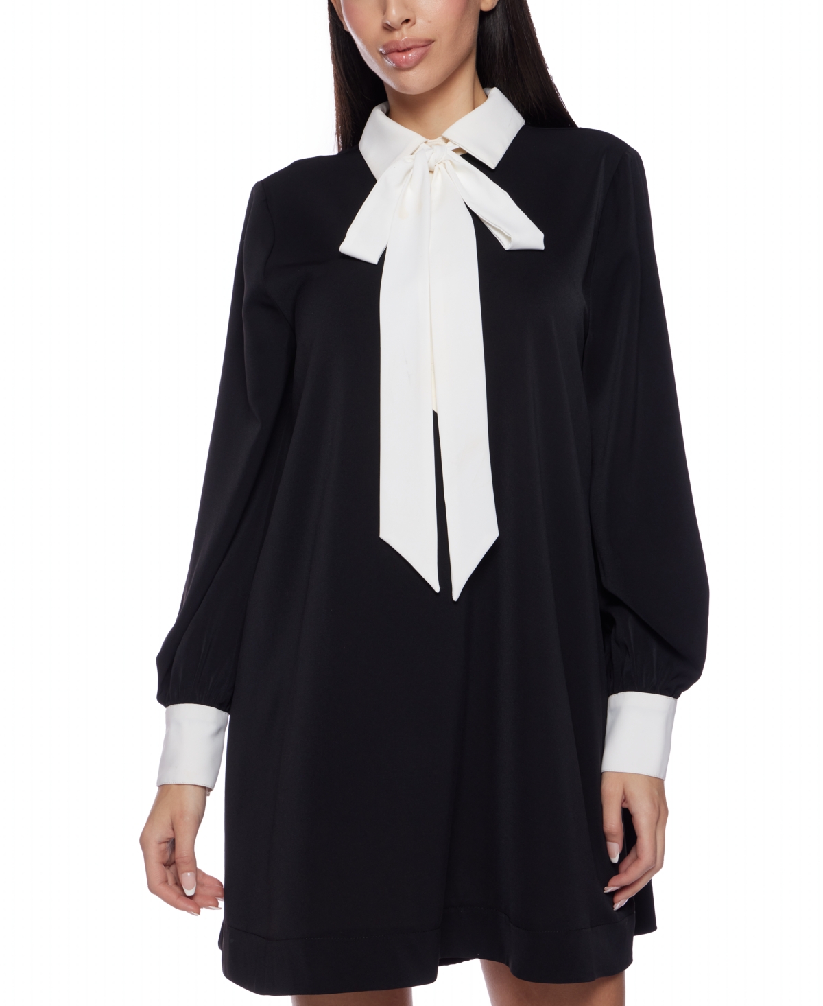 Juniors' Contrast-Trim Bow-Neck A-Line Dress - Black/White