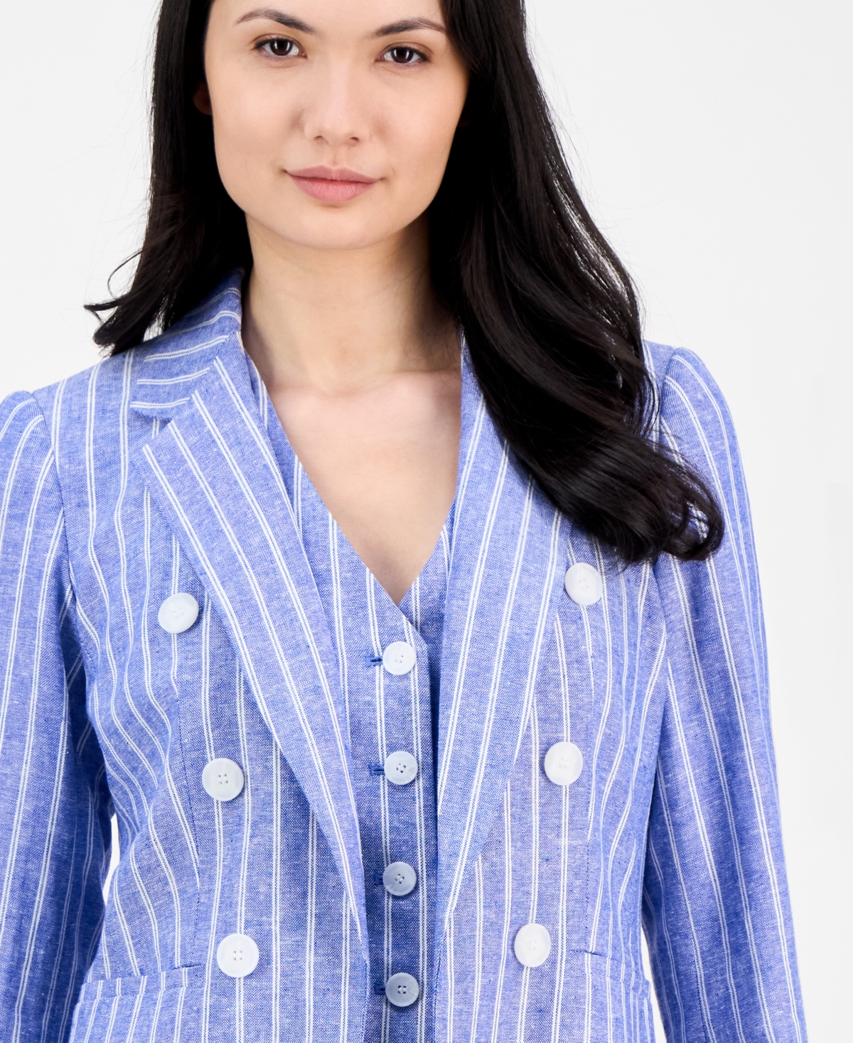 Anne Klein Women's Striped Faux-double-breasted Blazer In Santorini Blue,bright White
