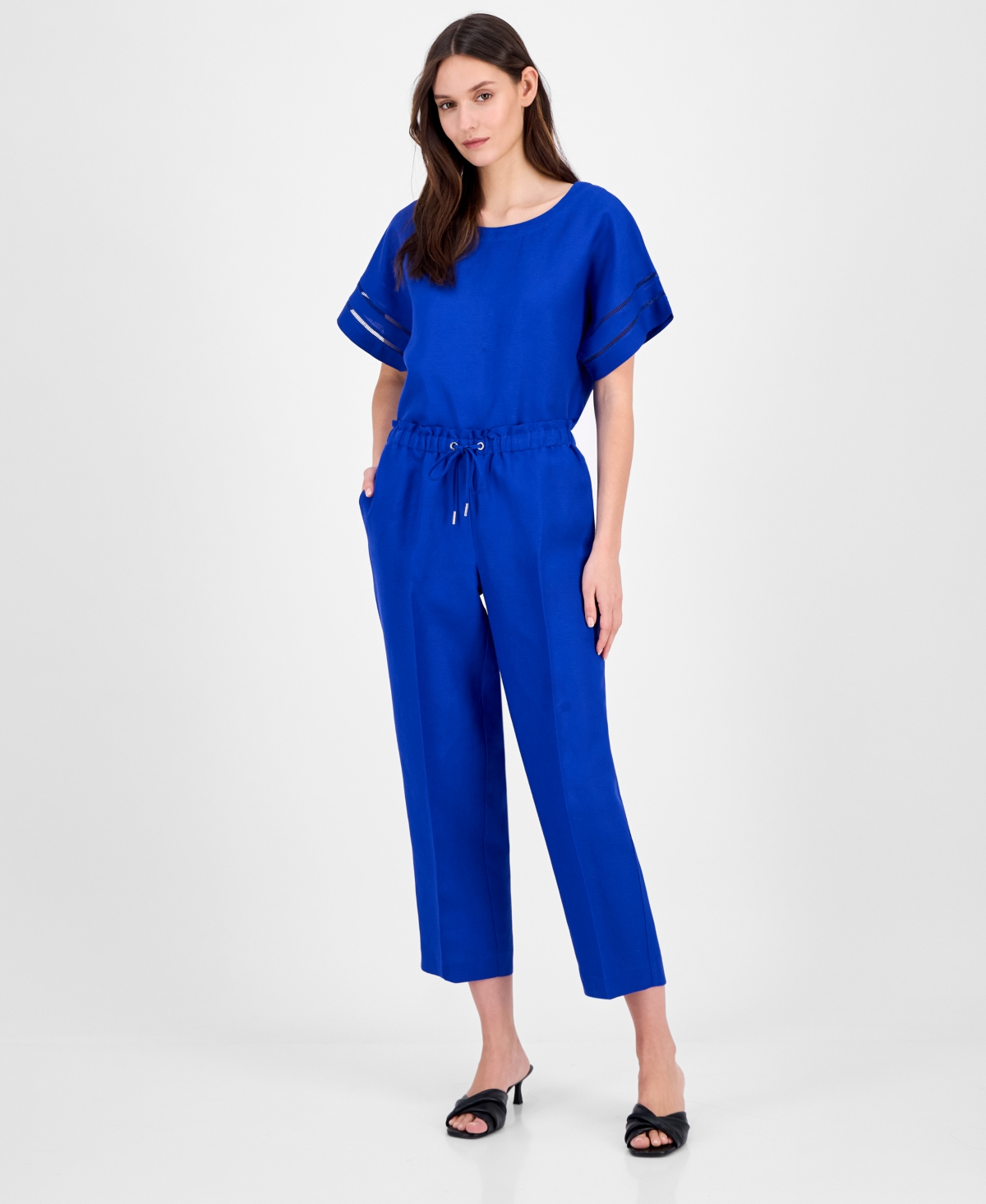 Anne Klein Women's Linen Blend Drawstring-waist Ankle Pants In Santorini Blue