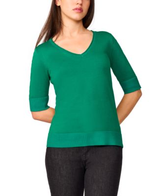 Melissa Paige - Women's Rolled V-Neck Elbow-Sleeve Sweater