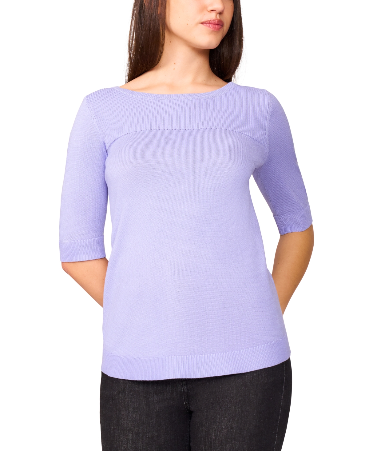 Women's Ribbed-Yoke Elbow-Sleeve Sweater - Tea