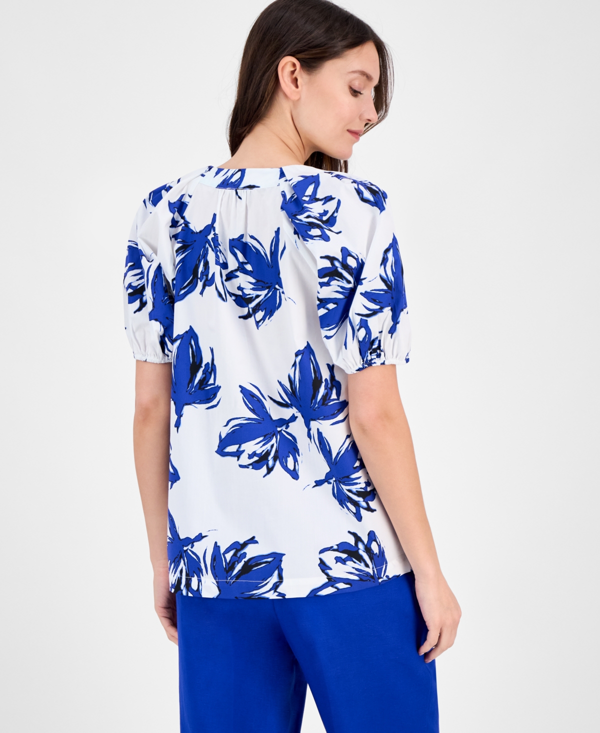 Anne Klein Women's Cotton Printed Puff-sleeve Blouse, Created For Macy's In Bright White,santorini Blue