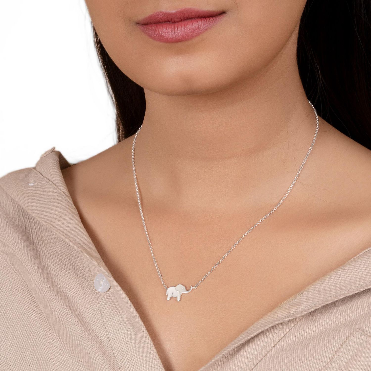 Zoo Animal Good Luck Elephant Pendant Station Necklace .925 Sterling Silver