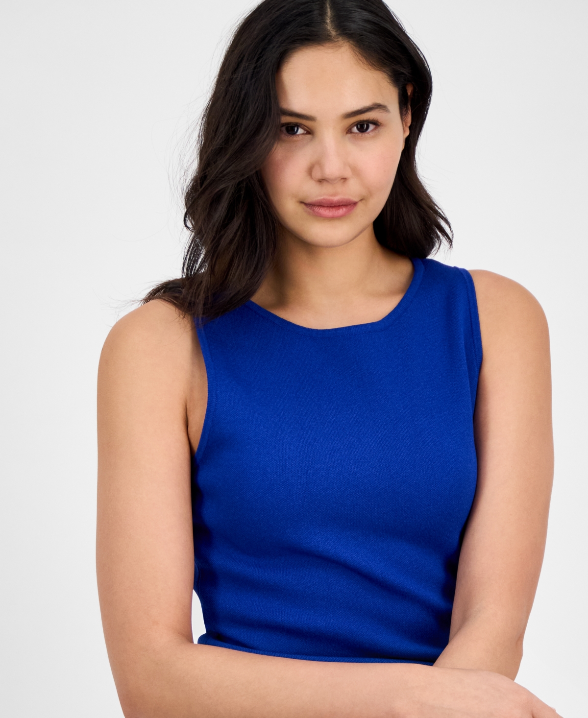 Anne Klein Asymmetric Fringe Hem Knit Dress In Santorini Blue