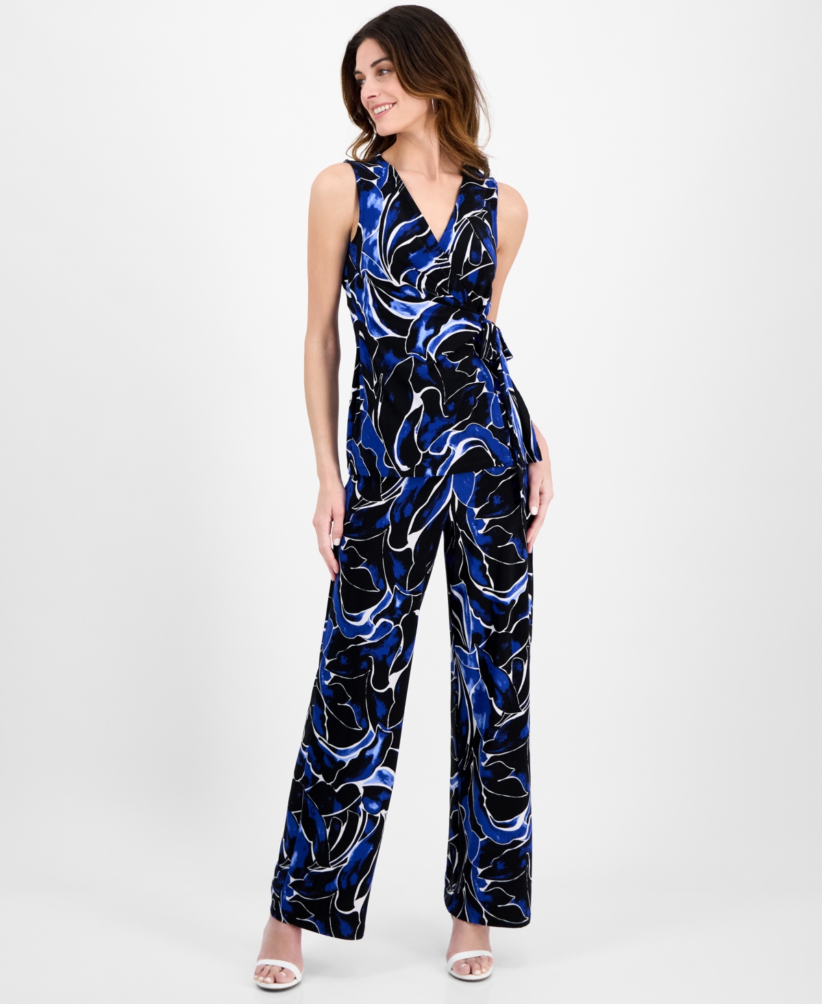 Anne Klein Floral Sleeveless Knit Wrap Top In Blue