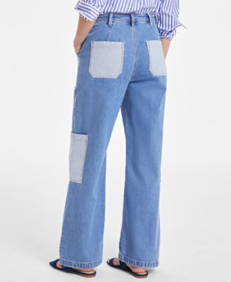 Women's Two-Tone High-Rise Cargo Wide-Leg Jeans, Exclusively at Macy's