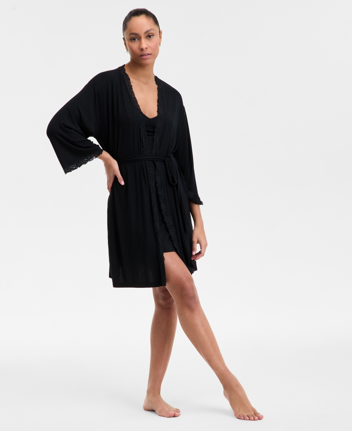 Inc International Concepts Women's Lace-trim Knit Wrap Robe, Exclusively At Macy's In Deep Black