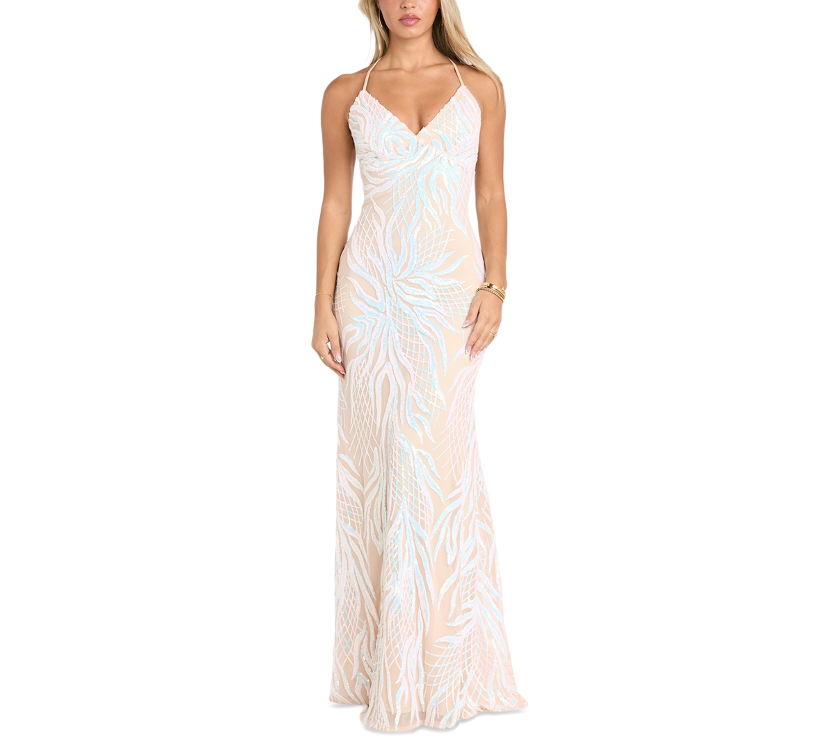 Morgan & Company Juniors' Strappy Sequined V-neck Gown In Ivory,nude