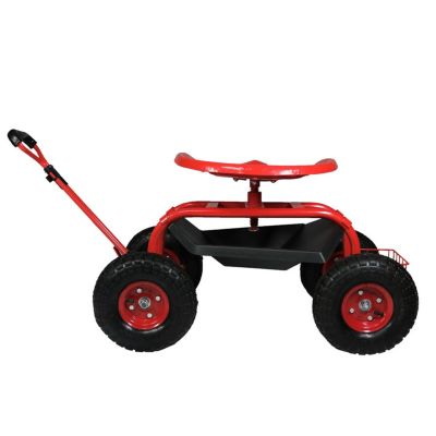 Garden Cart Rolling Scooter with Extendable Steering Handle - Swivel Seat and Utility Basket - Red