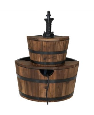 Country Wood Barrel 23-Inch 2-Tier Water Fountain - Electric Submersible Pump